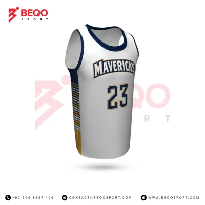 White and Navy Basketball Crew Neck Jersey